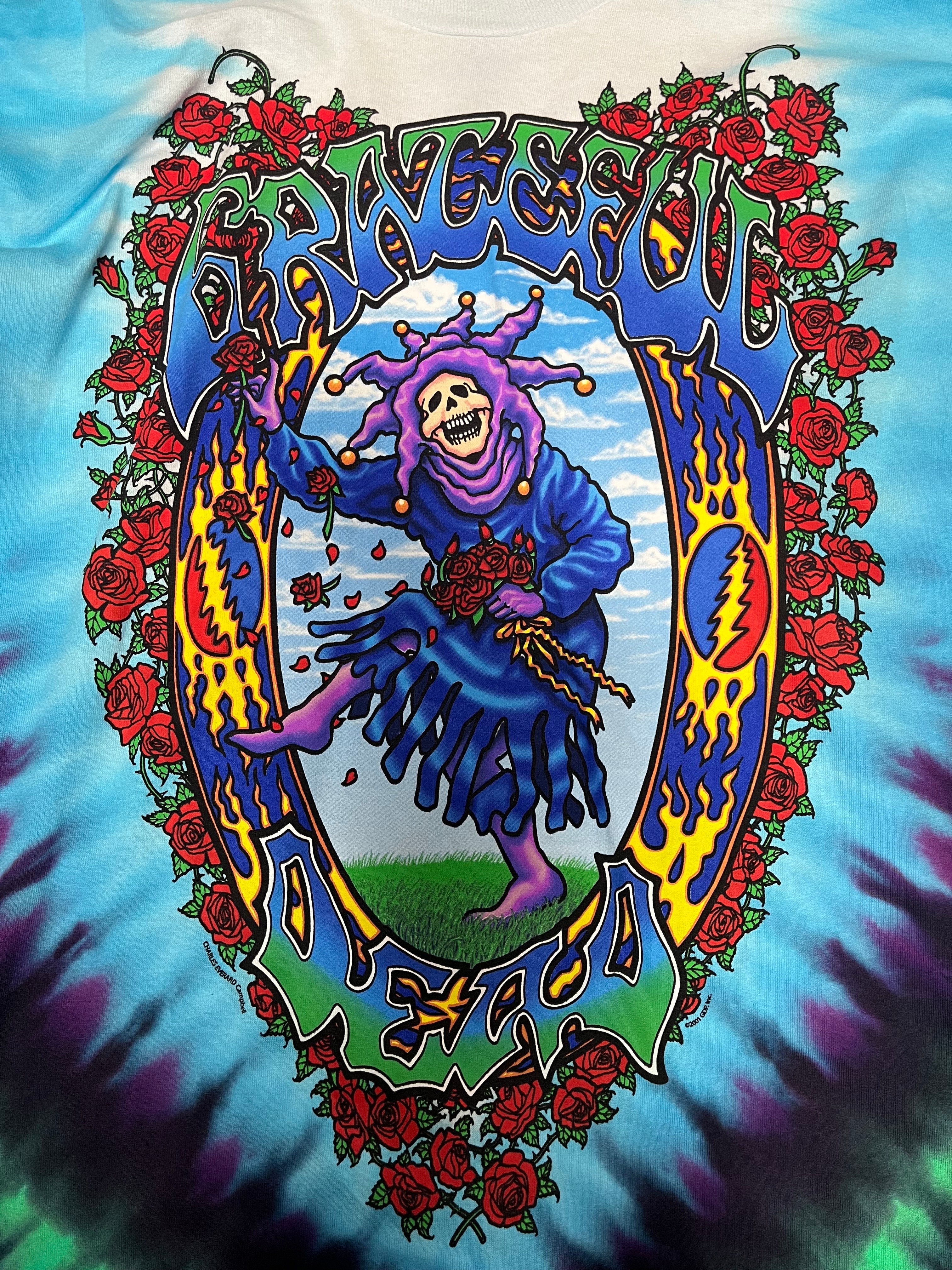 Grateful Dead longsleeve tie dye seasons of the dead shirt, features roses and a jester.